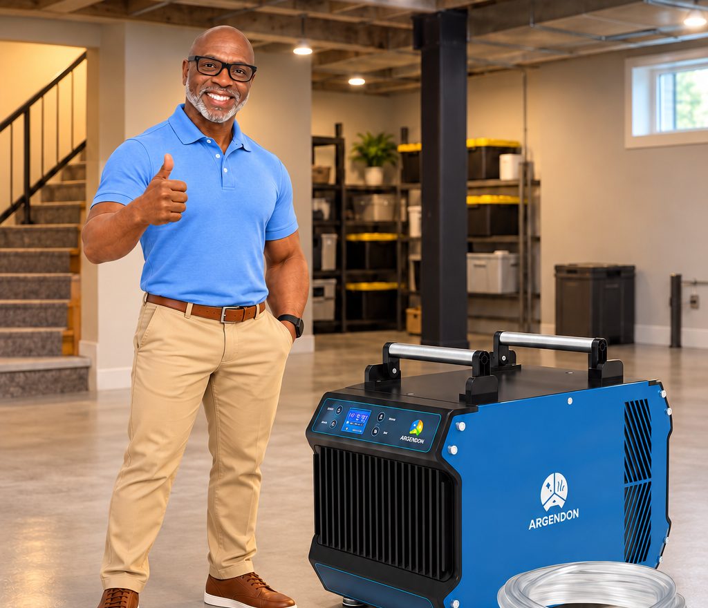Quincy giving a thumbs-up next to a blue Argendon Guardian 60P dehumidifier in a finished basement
