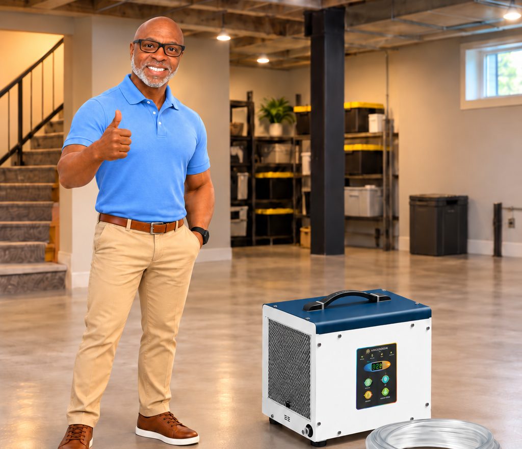 Quincy giving a thumbs-up next to a compact white and blue Argendon Shield 35P dehumidifier in a basement