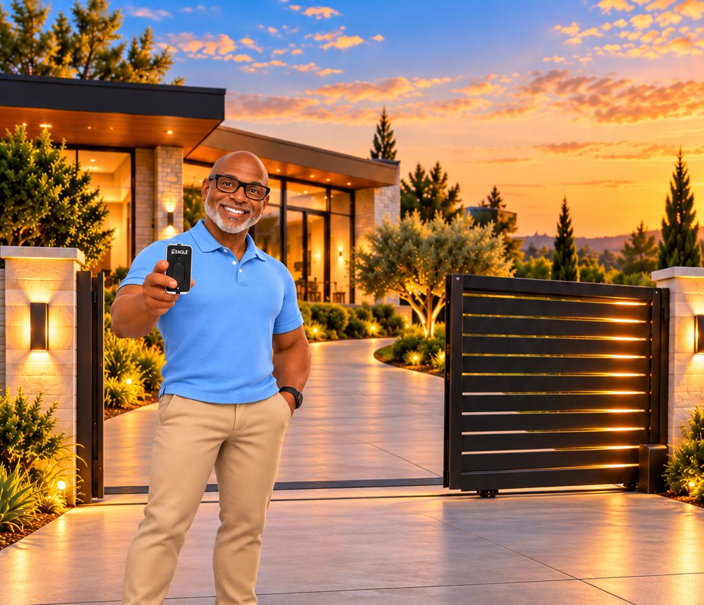 Quincy holding an Eagle gate remote in front of a horizontal-slat sliding driveway gate