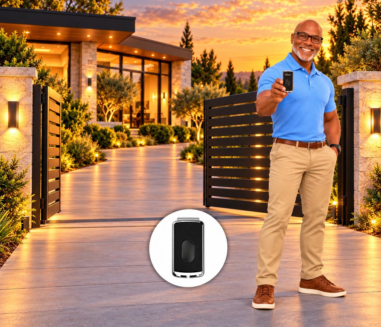 Quincy holding an Eagle remote beside a single-panel swing driveway gate, with a close-up of the remote