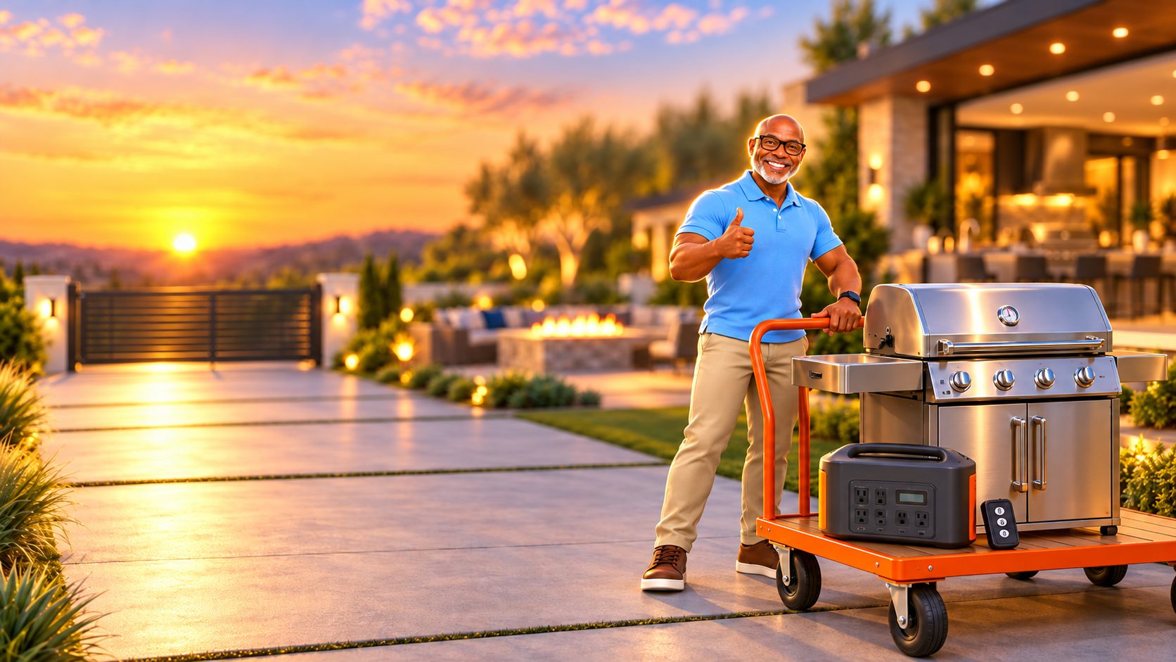 Quincy giving a thumbs-up beside a cart loaded with a stainless grill and portable power station, with a sliding driveway gate and backyard fire pit behind him at sunset