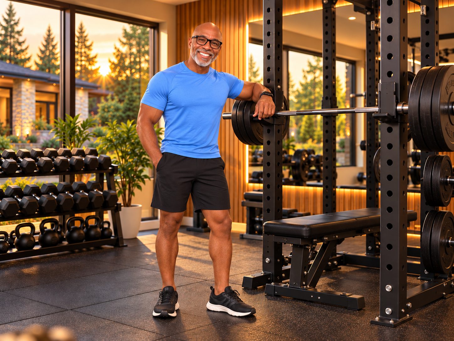 Quincy in a blue training shirt leaning on a loaded barbell in a power rack inside a high-end home gym with dumbbells, kettlebells and sunset windows
