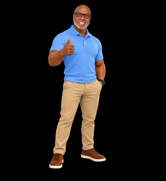 Illustration of Quincy Kidd in a blue polo and khakis giving a thumbs-up