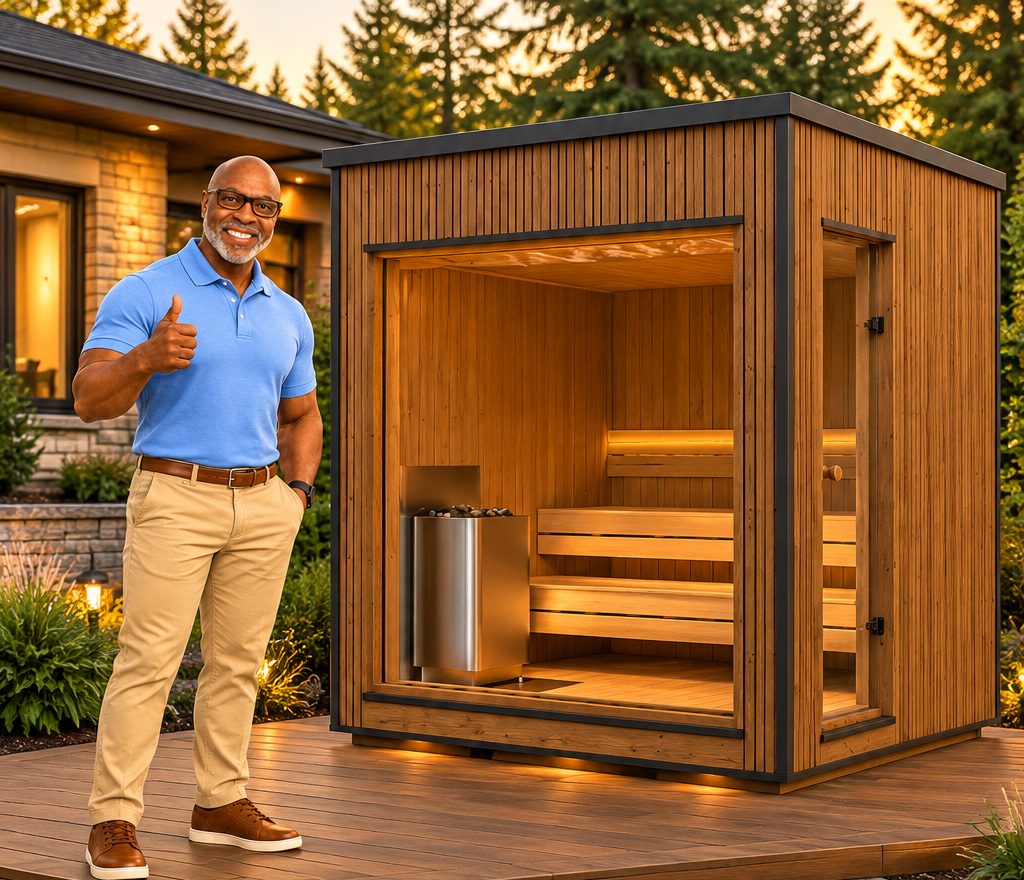 Quincy giving a thumbs-up beside a modern Thermowood outdoor sauna with a large glass front on a backyard deck at sunset