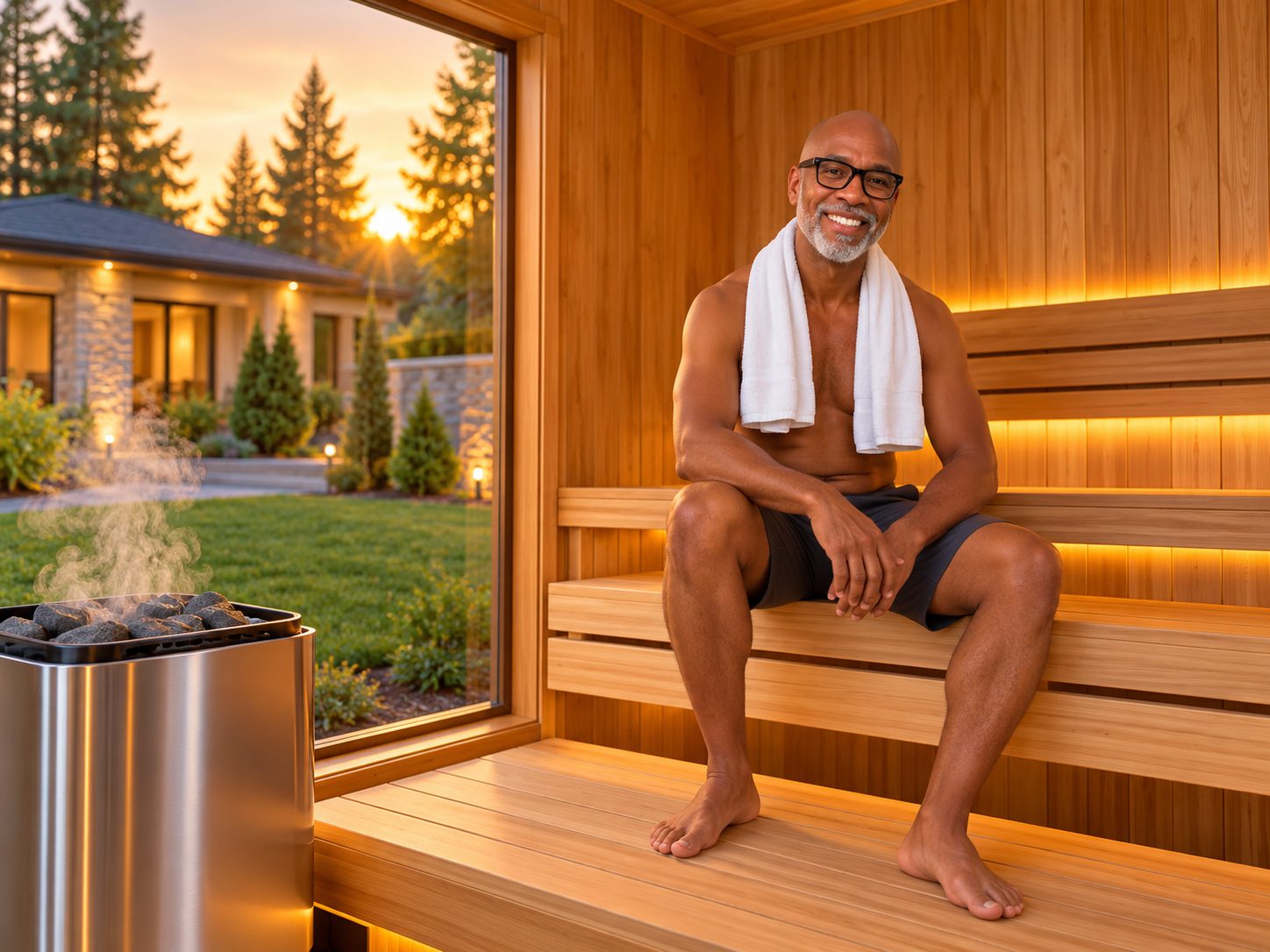Quincy relaxing on the bench of a warm wood outdoor sauna with a towel around his neck, steam rising from the heater and his backyard glowing at sunset through the glass